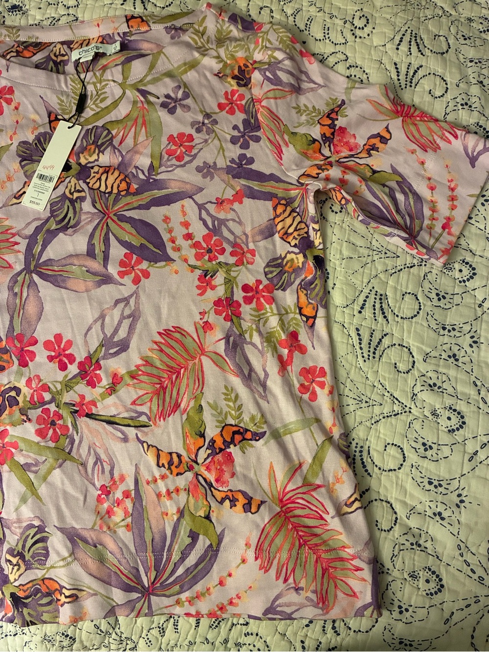 Chico's Lavender Floral Short Sleeve Basic Knit - Gentle Lavender - Picture 4 of 6